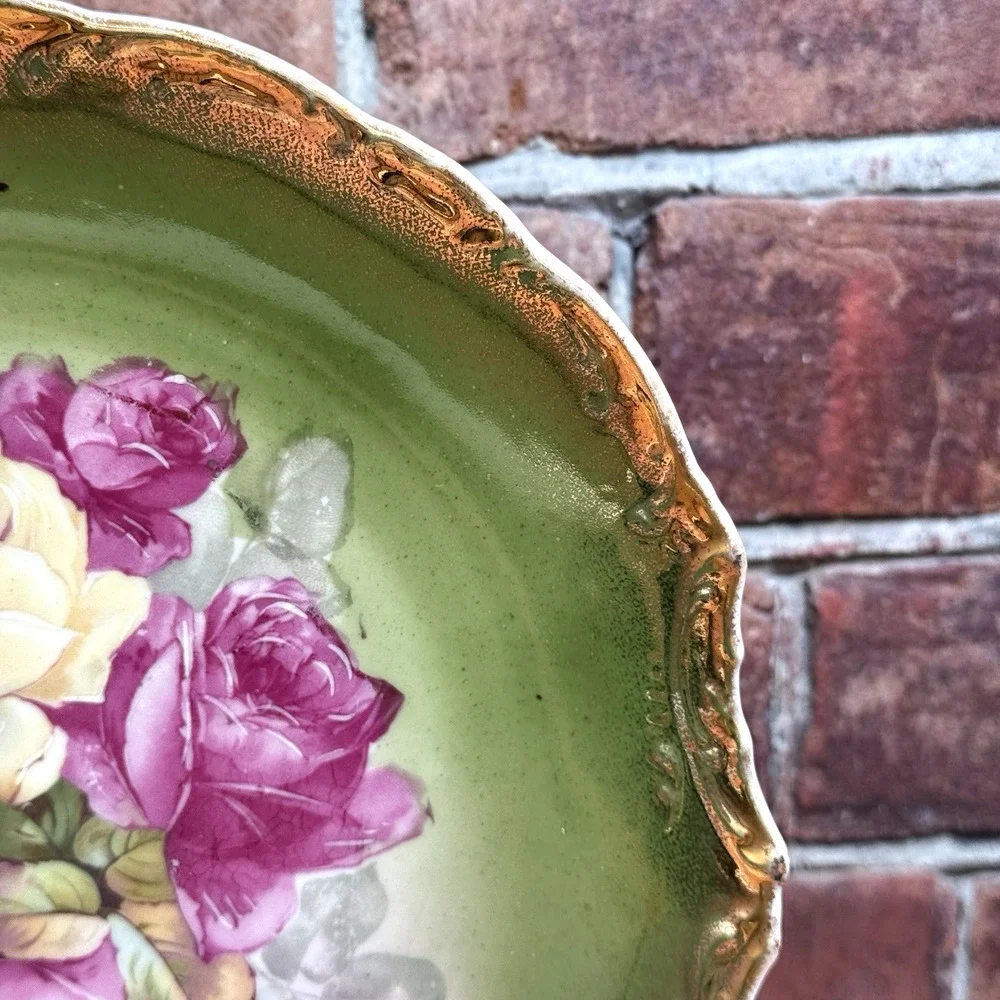 Antique Wheelock & Co California Rose Plate Pink Yellow Floral Germany Gold Edge